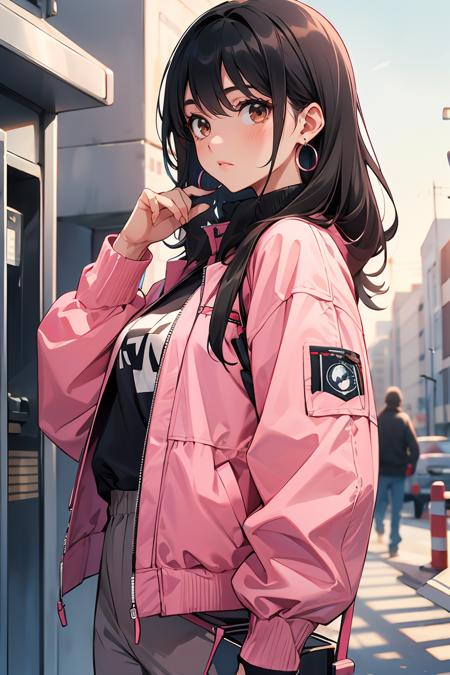 394447-3754469276-1girl,  black hair, mailbox, looking at audience,  pants, earrings, power cord, long sleeves, pink jacket,solo, outdoors, brown.png